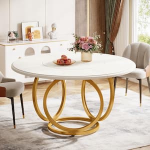 Modern White Wood 47.2 in. Pedestal Dining Table for 4-6 Person, Gold Round Dining Room Table
