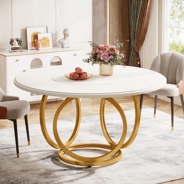 BYBLIGHT Modern White Wood 47.2 in. Pedestal Dining Table for 4-6 Person, Gold Round Dining Room Table
