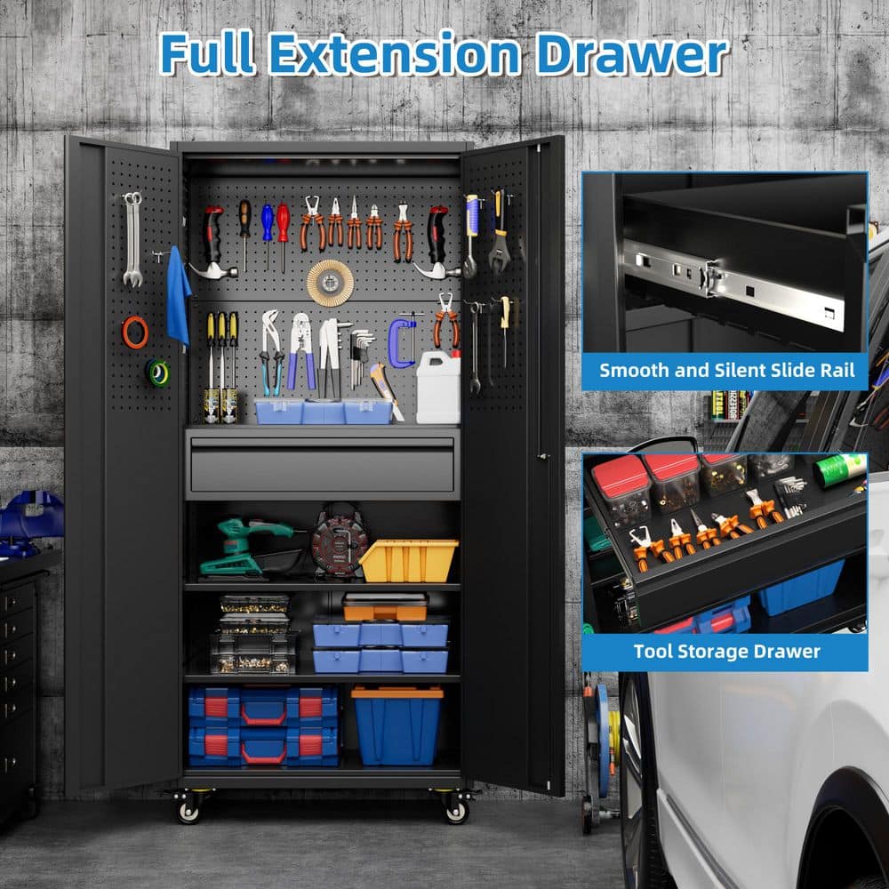 Hephastu 30 in. W x 71 in. H x 15 in. D Rolling Metal Freestanding Storage Cabinet with Drawer, Hooks, Pegboard in Black HZFW-SSX-1BX
