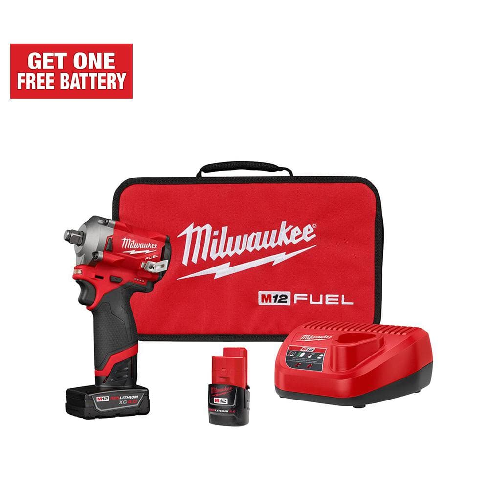 Milwaukee M12 FUEL 12-Volt Lithium-Ion Brushless Cordless Stubby 1/2 in.  Impact Wrench Kit with One 4.0 and One 2.0Ah Batteries 2555-22