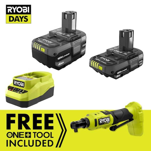 ONE+ 18V Cordless 3/8 in. Ratchet Kit with (1) 18V 2.0 Ah Battery, (1) 18V 4.0 Ah Battery, and Charger
