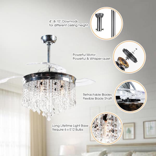 42" Invisible Crystal Ceiling Fan Light Lamp Living Room Home Fixture Remote 
