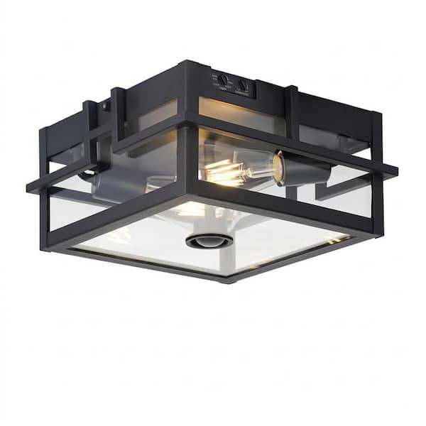 Outdoor Motion Sensing Dusk to Dawn Ceiling Light 360° Black Flush Mount Clear Glass Flood Light 2-Pack