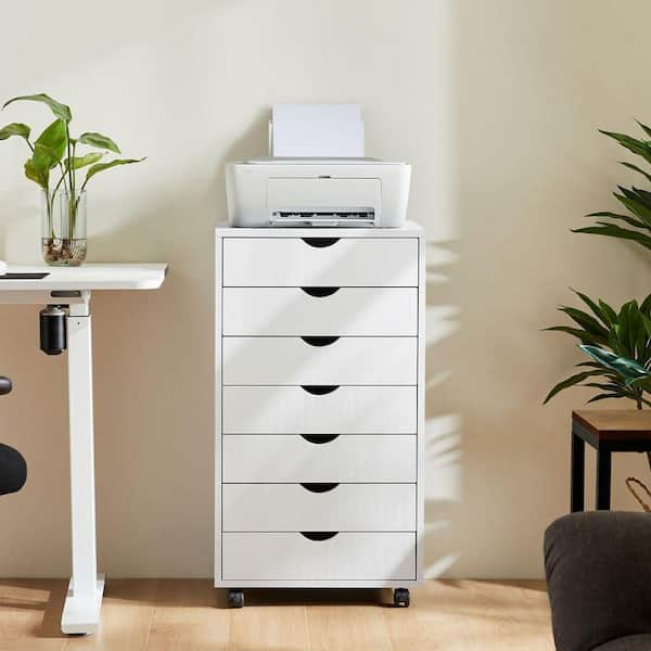 7-Drawer White Wood 19 in. W Vertical File Cabinet Rolling Organizer Storage Chest with Wheels