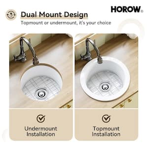 White Undermount/Drop-in Fireclay 18.5 in. L x 9 in. D Single Bowl Round Kitchen Sink with Bottom Grid and Strainer