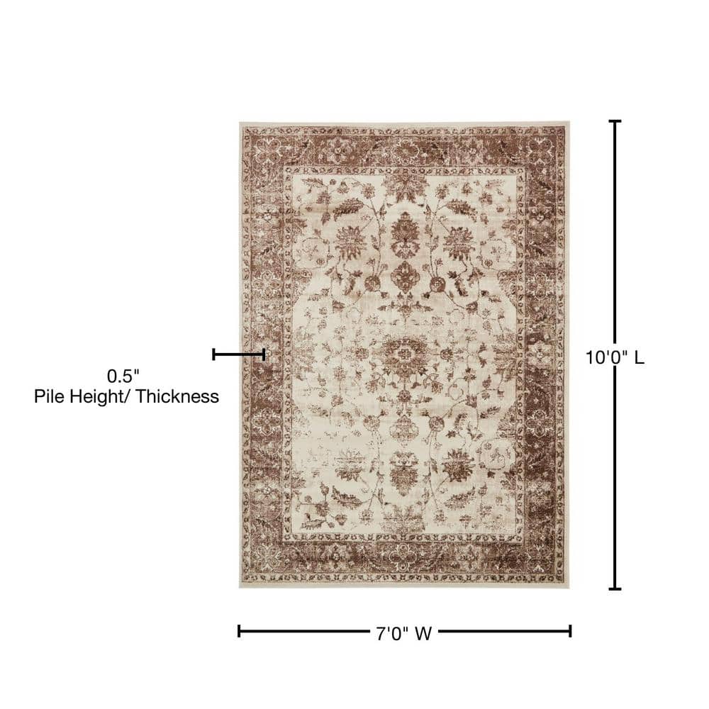 Ivory and Brown Synthetic Stain-Resistant Rectangular Area Rug