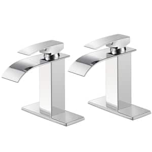 Waterfall Bathroom Faucet with Deck Plate, Single Handle Faucets for 1 or 3 Hole Bathroom Sink (2-Pack) Chrome