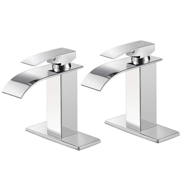 AKLFGN Waterfall Bathroom Faucet with Deck Plate, Single Handle Faucets for 1 or 3 Hole Bathroom Sink (2-Pack) Chrome