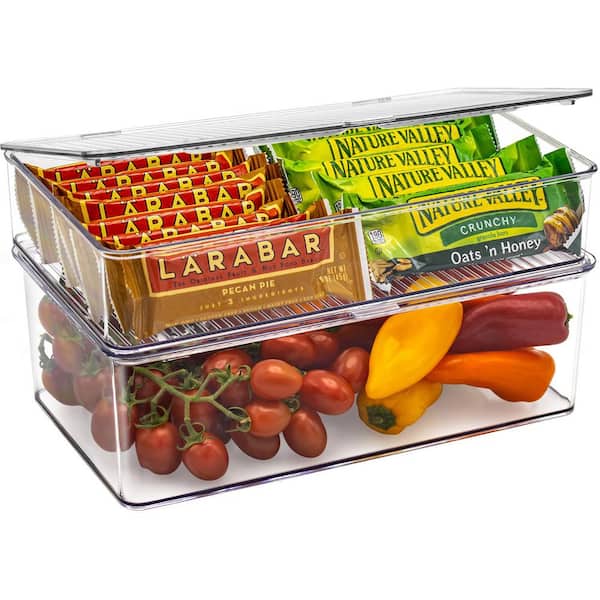 2 Pack Clear Plastic Storage Bins with deviders and Lids for fridge and Pantry Stackable organizer set