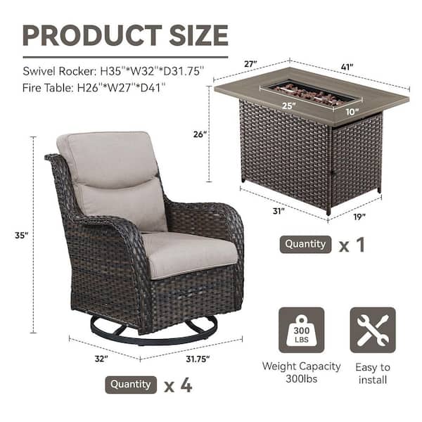 Quanxer Brown 5-Piece Wicker Patio Rectangle Fire Pit Conversation Set with Beige Cushions and Swivel Chairs