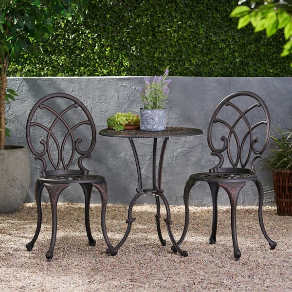 3-Piece Copper Cast Aluminum Outdoor Bistro Set with 2-Chairs, One Round Table and Standard 2 in. Umbrella Hole