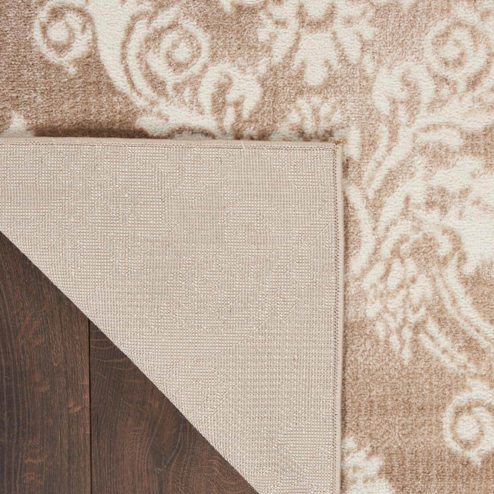 Ivory Mocha Floral Elegance 5' x 7' Easy-Care Synthetic Area Rug