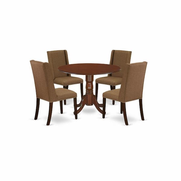 East West Furniture 5-Piece Round Mahogany Finish Solid Wood Top Dining table with 4-Chairs with Lattice Back