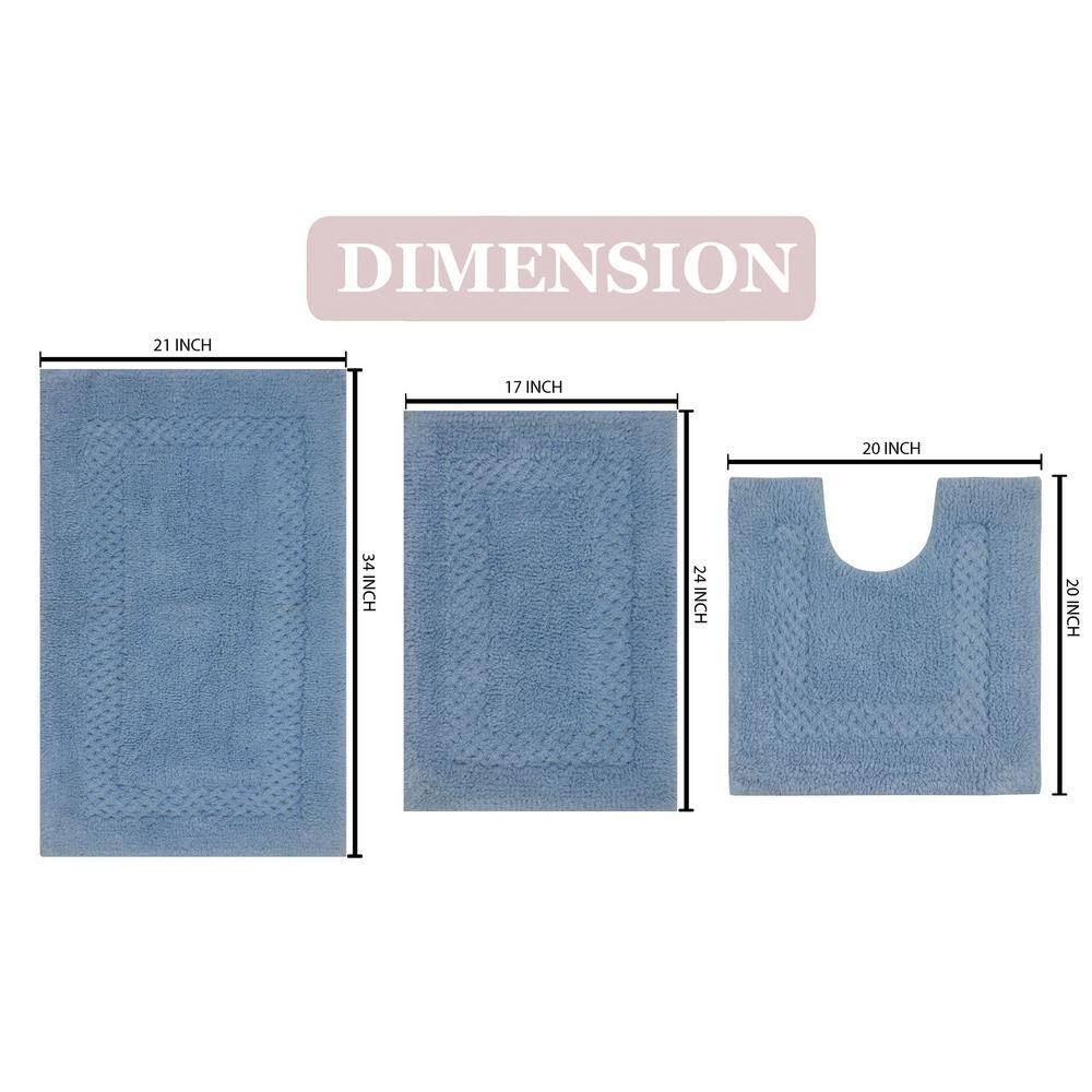 Blue Cotton Tufted 3-Piece Bath Rug Set