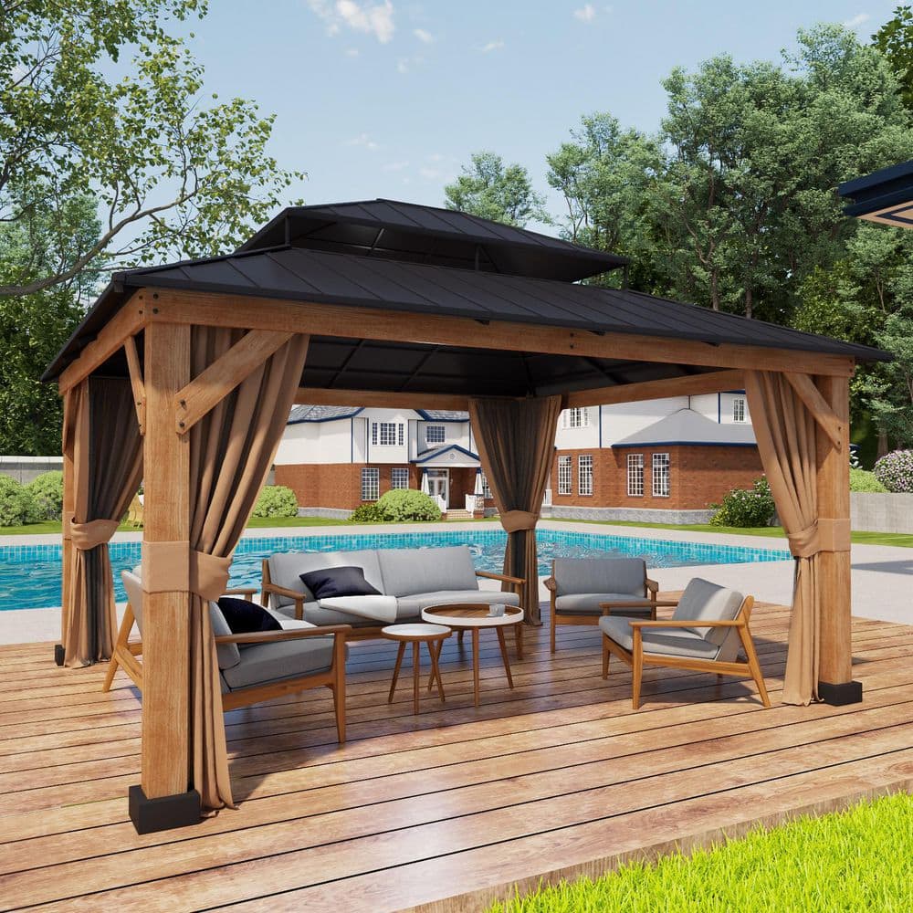 15 ft. x 13 ft. Double Galvanized Steel Roof Cedar Wood Frame Outdoor Patio Hardtop Gazebo with Mosquito Netting price history on PriceWatchPro