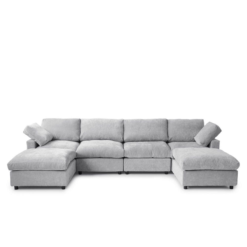 134 in. Square Arm Chenille 6-piece U Shaped Modular Sectional Sofa with Removable Ottoman, Covers in. Gray
