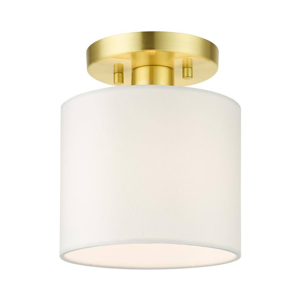 Mercury 7 in. 1-Light Satin Brass Semi Flush Mount with Off-White Fabric Shade price history on PriceWatchPro