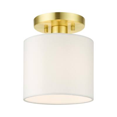 Satin Brass Livex Lighting 51054-12 Meridian Collection 3-Light Semi Flush Mount Ceiling Light with Off-White Hardback Fabric Shade 