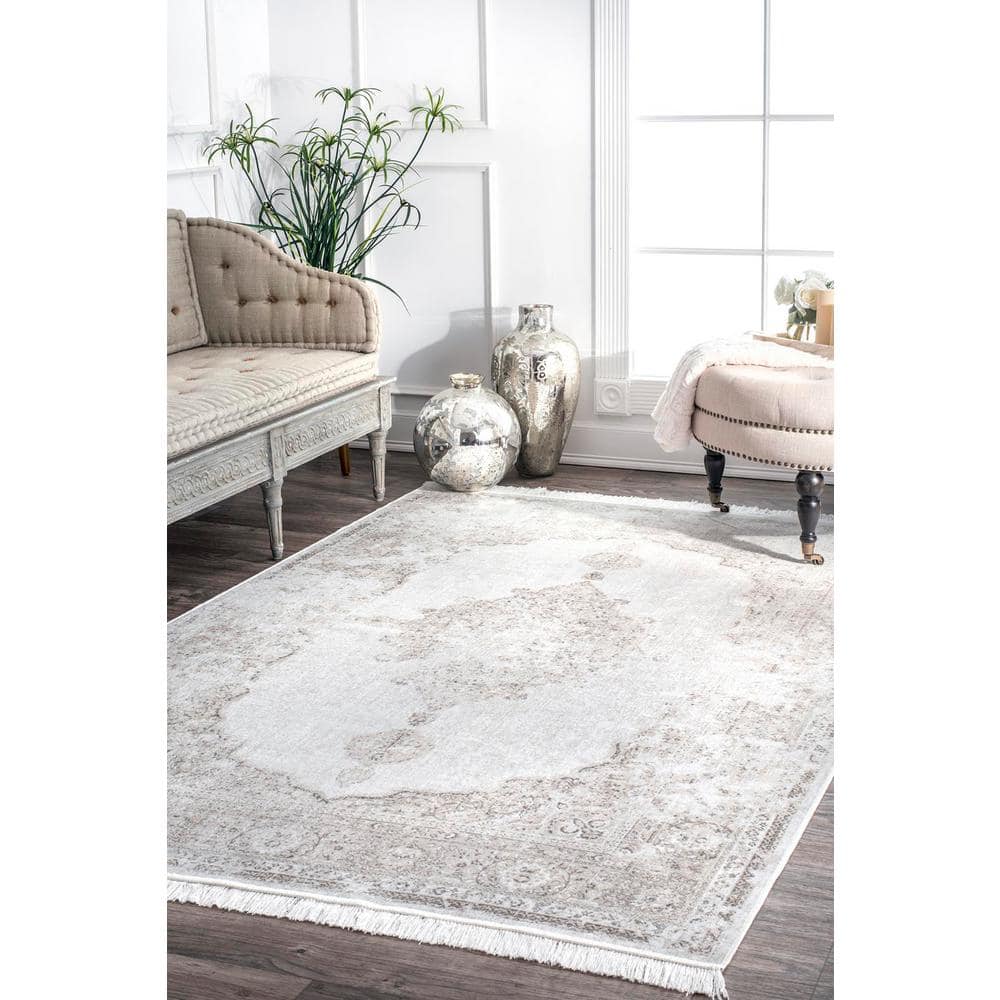 Cantrell Ivory and Beige Wool Viscose 10' x 14' Medallion Area Rug