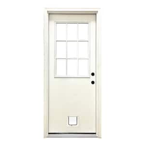 32 in. x 80 in. Reliant Series Clear 9 Lite LHIS White Primed Fiberglass Prehung Back Door with Small Cat Door