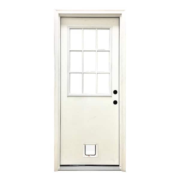 Steves & Sons 36 in. x 80 in. Reliant Series Clear 9 Lite LHIS White Primed Fiberglass Prehung Front Door with Small Cat Door