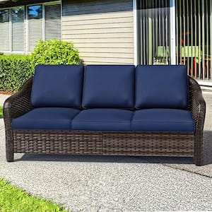 3-Seat Brown Wicker Outdoor Couch Patio Sofa with Thick Blue Cushions