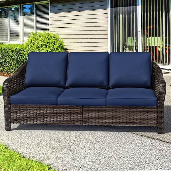 JOYSIDE 3-Seat Brown Wicker Outdoor Couch Patio Sofa with Thick Blue Cushions