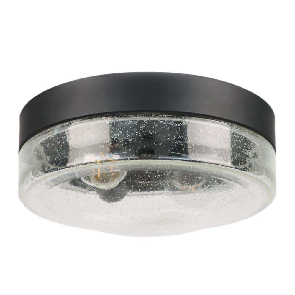 Matte Black 2-Light Flush Mount Ceiling Fixture with Seeded Glass Shade