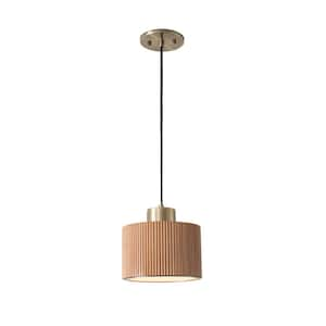 Tambo 100 -Watt 1-Light Weathered Brass Drum Pendant Light with Fabric Shade No Bulbs Included