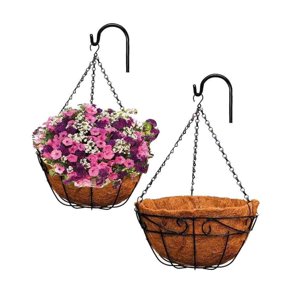 12-Inch Black Metal Hanging Planter Basket with Coco Liner, 2-Pack