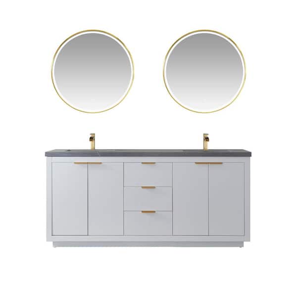 ROSWELL Leiza 72 in. W x 22 in. D x 33.4 in. H Double Sink Bath Vanity in White with Grey Sintered Stone Countertop and Mirror