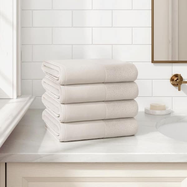 Stone Ultra-Soft Cotton Linen-Like Border 4 Pack Bath Towel Set