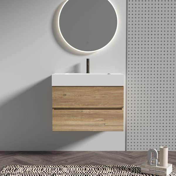 30 in. Single Sink Floating Oak Bath Vanity with White Solid Surface Top, Soft Drawers