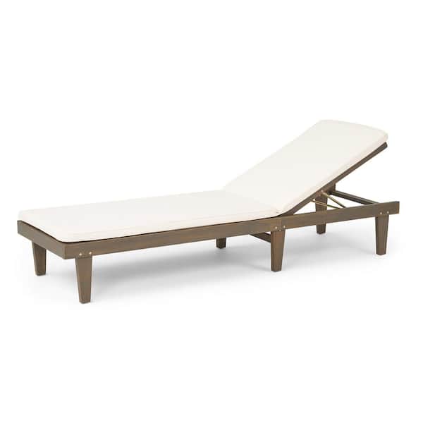 Noble House Nadine Grey 1-Piece Wood Outdoor Chaise Lounge with Cream Cushions