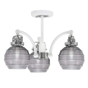 Decatur 16.25 in. 3-Light White and Nickel Semi-Flush with 6 in. Smoke Ribbed Glass Shade No Bulbs Included