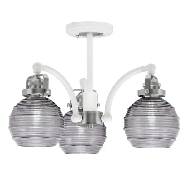 Unbranded Decatur 16.25 in. 3-Light White and Nickel Semi-Flush with 6 in. Smoke Ribbed Glass Shade No Bulbs Included