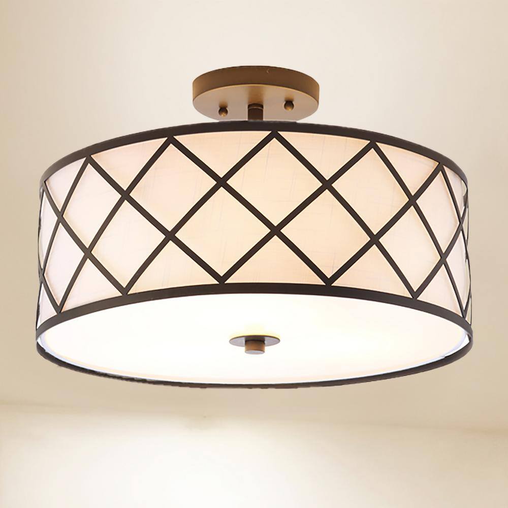 Transitional Elegance 16.75" Drum Flush Mount in Oil Rubbed Bronze with White Linen Shade