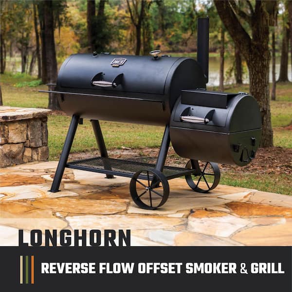 Longhorn Reverse Flow Offset Charcoal Smoker and Grill with 1060 sq. in. Cooking Area in Black
