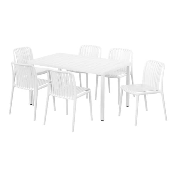 FrondandForm Modern Outdoor Patio 7-Piece Rectangular Iron Dining Set w/ Plastic Stackable Chairs, White