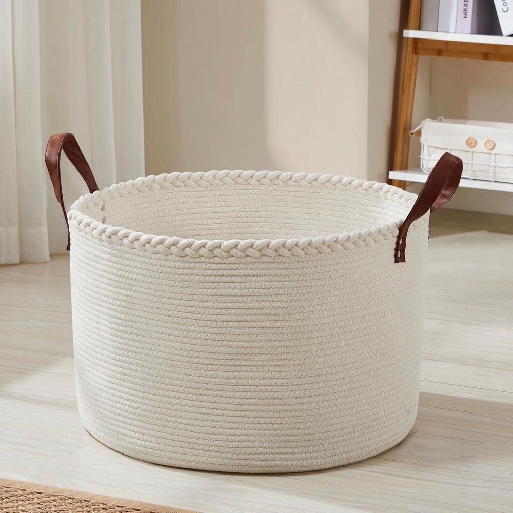 Ornavo Home 100% Cotton Fabric Rope Round Storage Basket with
