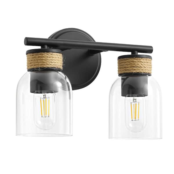 Deyidn 12.2 in. 2 Light Black Vanity Light with Clear Glass Shade, Vintage Bathroom Vanity Light