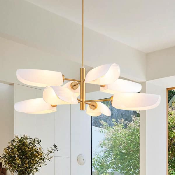 Flora 8-Light Gold Mid-Century Sputnik Style Chandelier Hanging Pendant with Leaf Opal Glass Shade