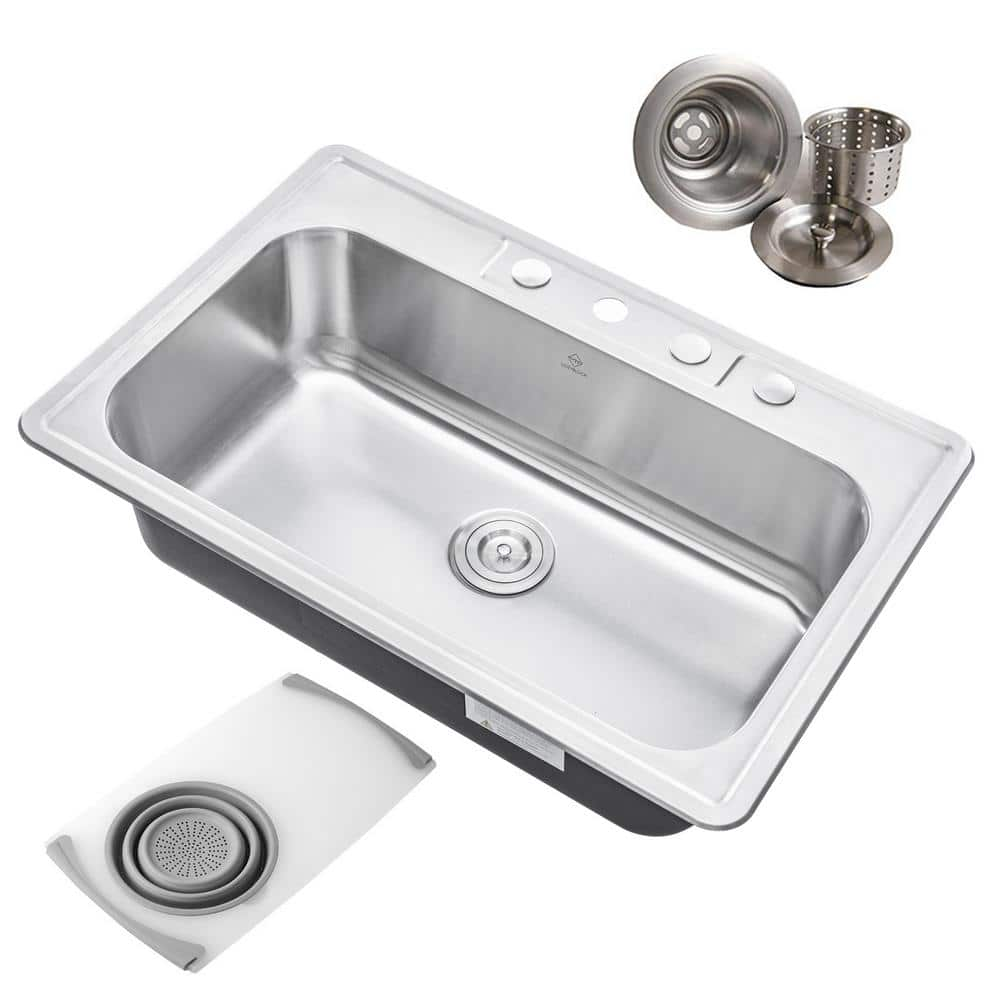 Topmount Drop-In 18G Stainless Steel 33 in. x 22 in. 4-Faucet Hole Single Bowl Kitchen Sink with Colander and Strainer -  eModernDecor, ALTS-3322-4-SGY