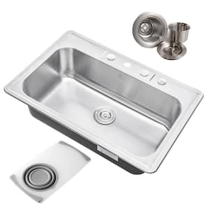 Topmount Drop-In 18G Stainless Steel 33 in. x 22 in. 4-Faucet Hole Single Bowl Kitchen Sink with Colander and Strainer