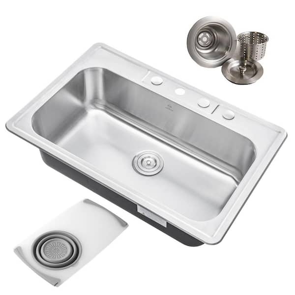 null Topmount Drop-In 18G Stainless Steel 33 in. x 22 in. 4-Faucet Hole Single Bowl Kitchen Sink with Colander and Strainer