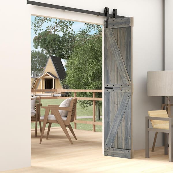 ISLIFE K Style 30 in. x 84 in. Aged Barrel Finished Solid Wood Bi-Fold Barn Door With Hardware Kit -Assembly Needed