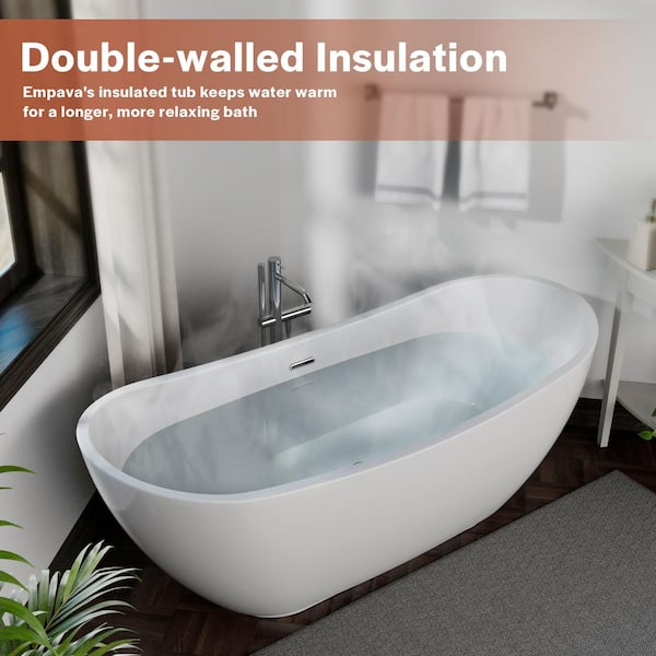 69 in. Acrylic Flatbottom Double Slipper Freestanding Soaking Bathtub in White with Polished Chrome Overflow and Drain