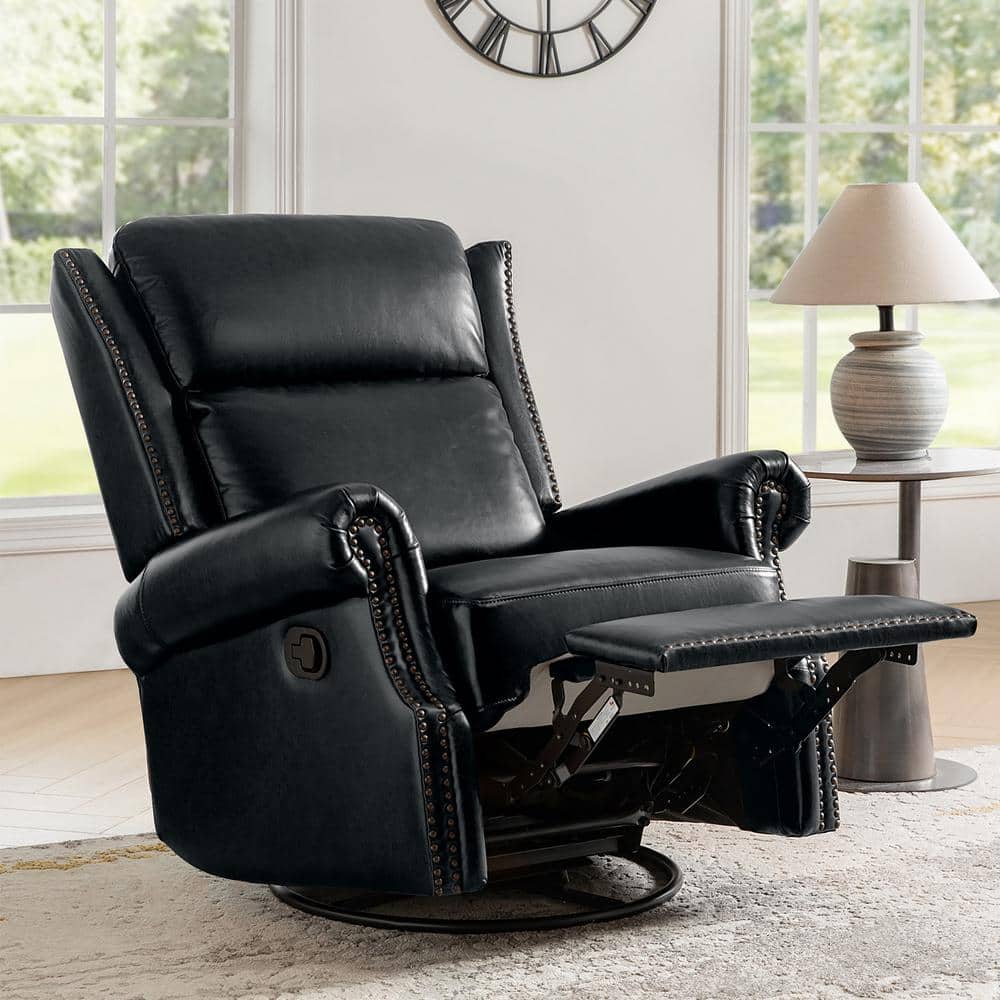 JAYDEN CREATION Lavinia Black Genuine Leather Manual Swivel Glider