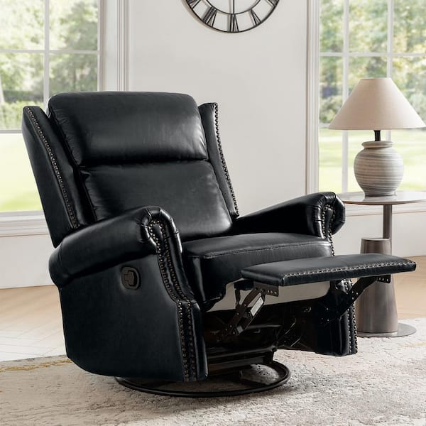 JAYDEN CREATION Lavinia Black Genuine Leather Manual Swivel Glider Recliner with Nailheads