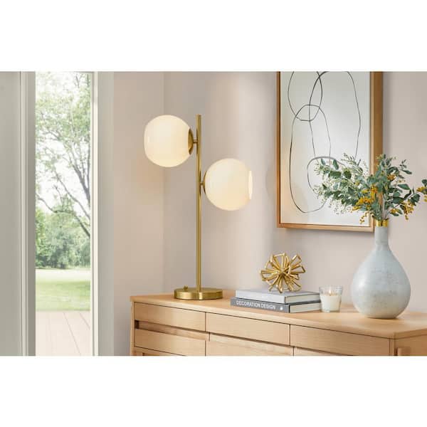 Hampton Bay Vista Heights 24.5 in. 2 Light Aged brass Indoor Table Lamp With Opal White Glass Shade